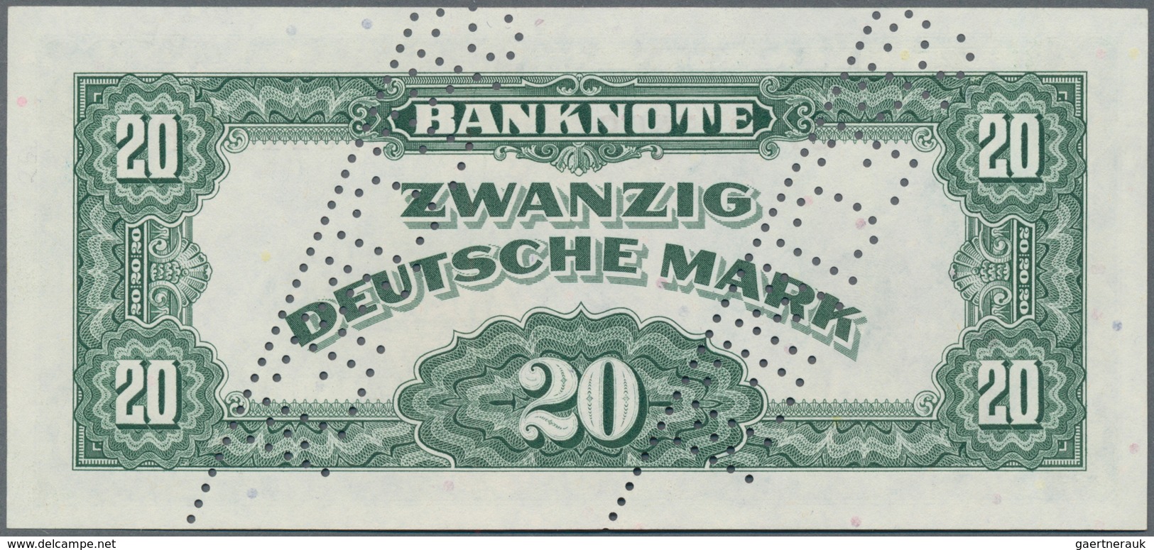 Deutschland - Bank Deutscher Länder + Bundesrepublik Deutschland: 20 DM 1948 MUSTER Mit Zwei Perfora - Autres & Non Classés