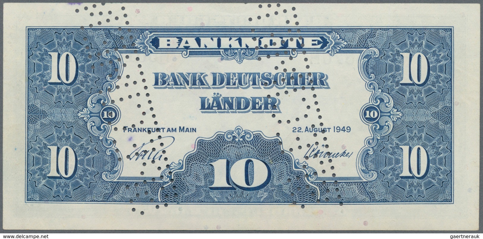 Deutschland - Bank Deutscher Länder + Bundesrepublik Deutschland: 10 DM 1949 MUSTER Mit Zwei Perfora - Other & Unclassified