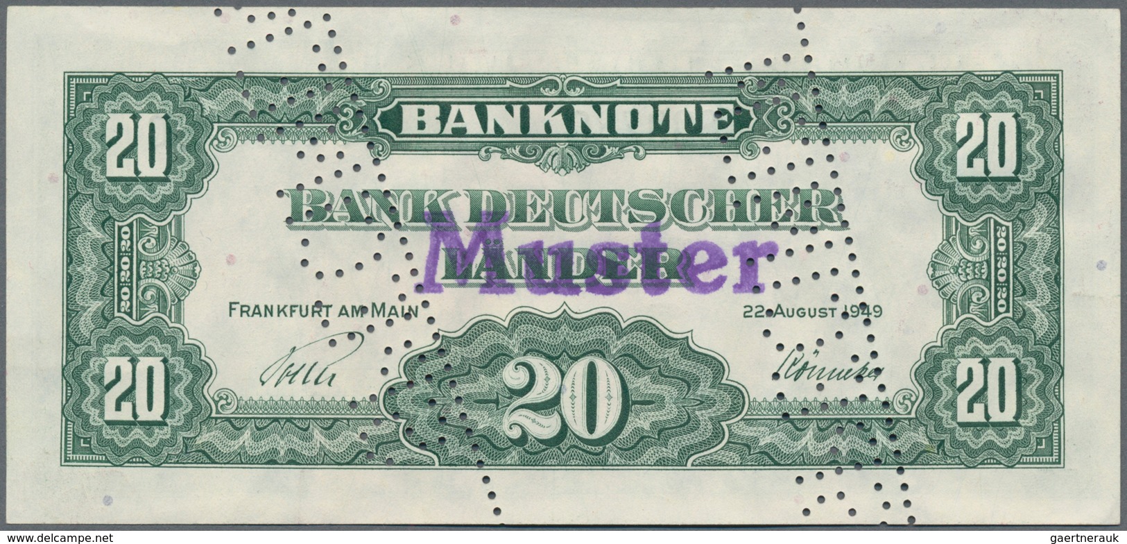 Deutschland - Bank Deutscher Länder + Bundesrepublik Deutschland: 20 DM 1949 MUSTER Mit Zwei Perfora - Sonstige & Ohne Zuordnung