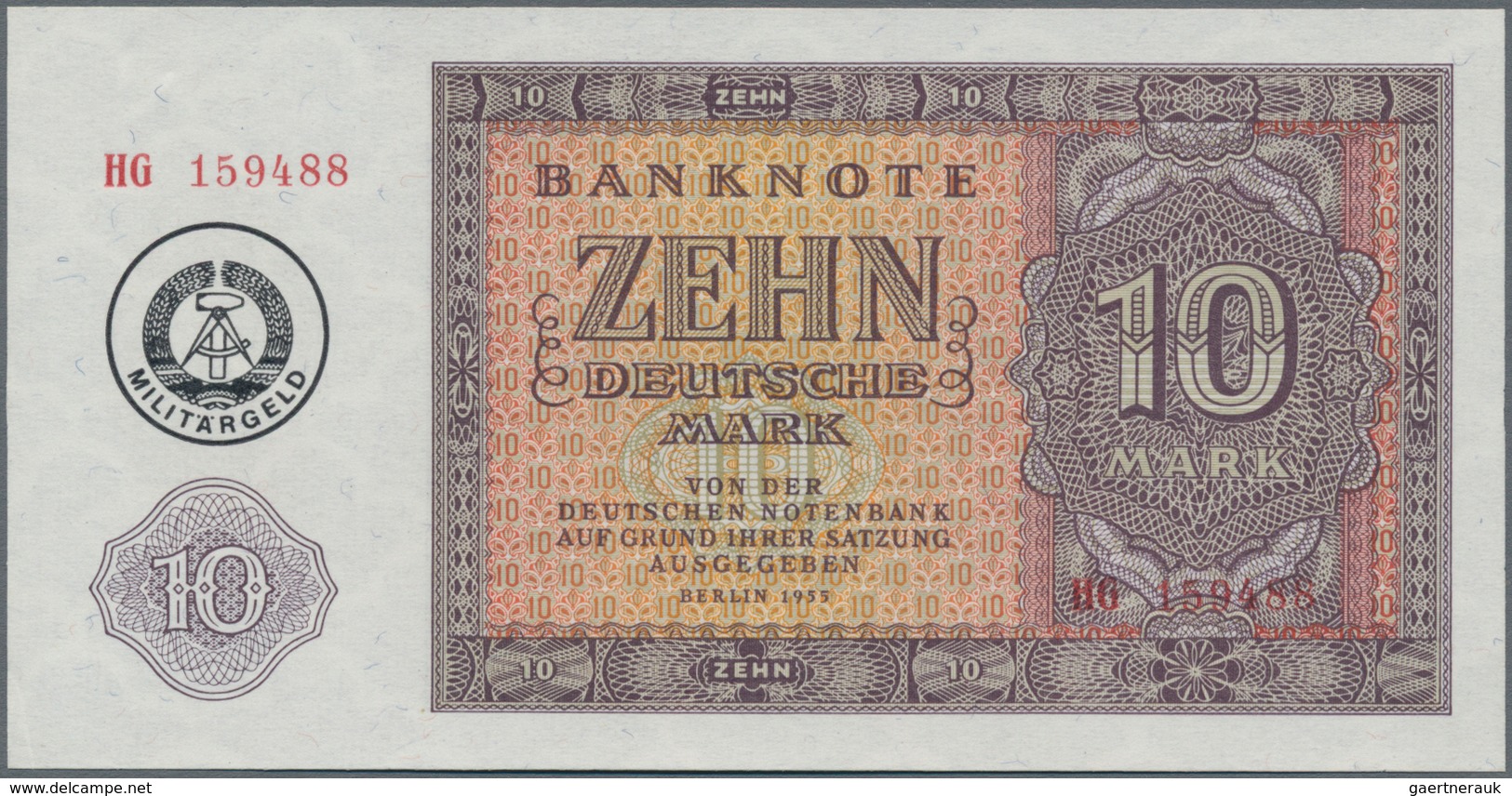 Deutschland - DDR: 10 Mark 1955 (1980) Mit Maschinenstempelaufdruck "Militärgeld", Ro.375b In Kassen - Sonstige & Ohne Zuordnung