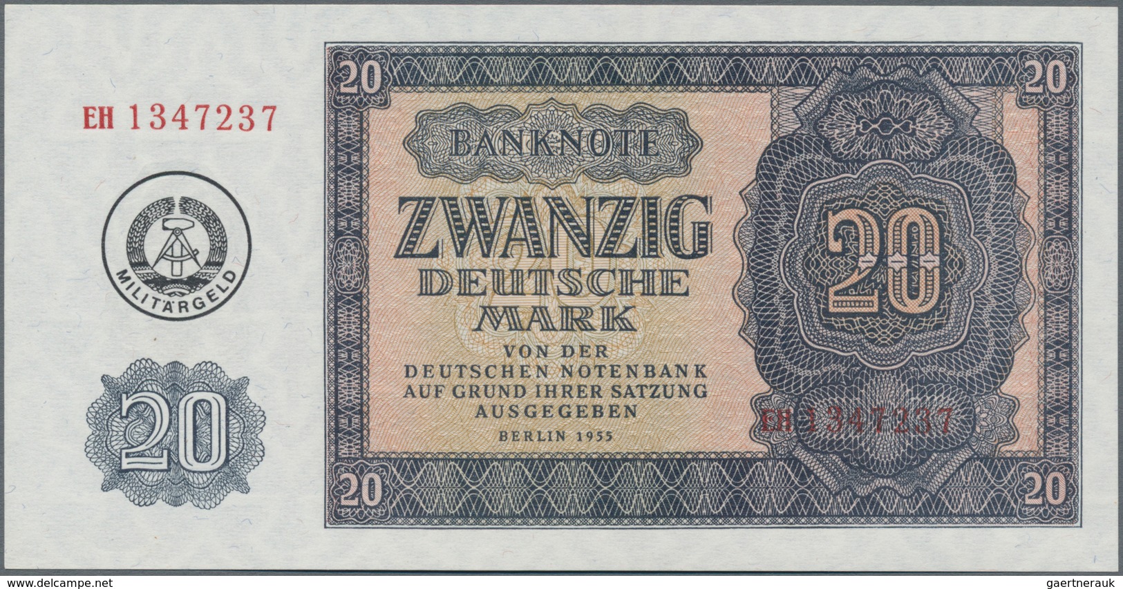 Deutschland - DDR: 20 Mark 1955 (1980) Mit Maschinenstempelaufdruck "Militärgeld", Ro.376b In Kassen - Sonstige & Ohne Zuordnung