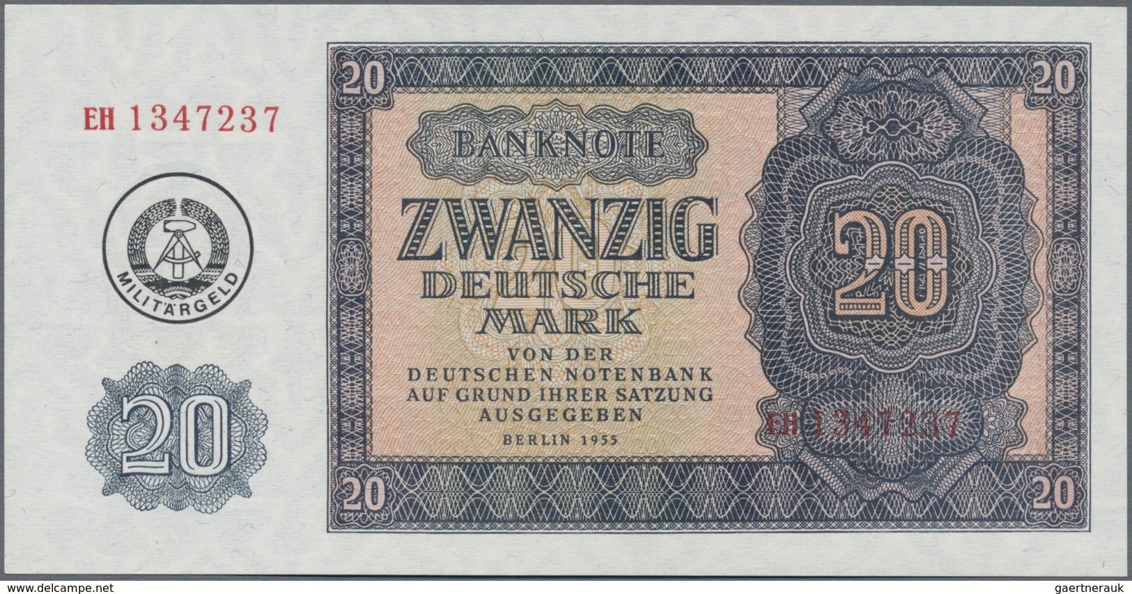 Deutschland - DDR: 20 Mark 1955 (1980) Mit Maschinenstempelaufdruck "Militärgeld", Ro.376b In Kassen - Other & Unclassified