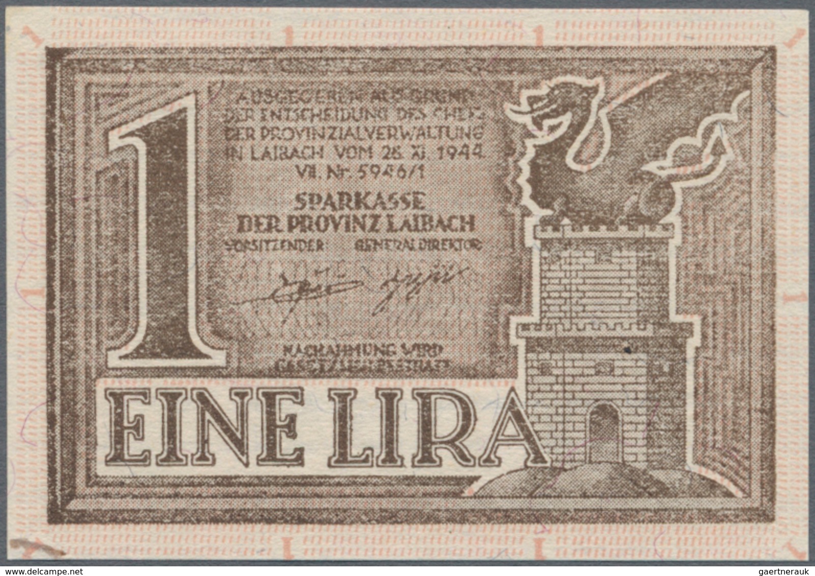 Deutschland - Nebengebiete Deutsches Reich: Sparkasse Laibach 1 Lira 1944, Ro.618, Minimal Bestoßene - Autres & Non Classés