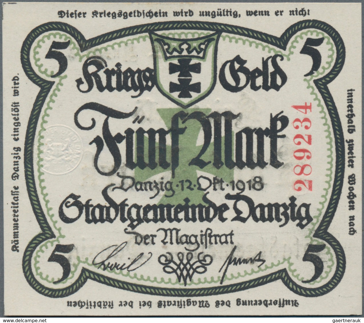 Deutschland - Nebengebiete Deutsches Reich: Kriegsgeld Der Stadtgemeinde Danzig Zu 5 Mark 1918, Ro.e - Other & Unclassified