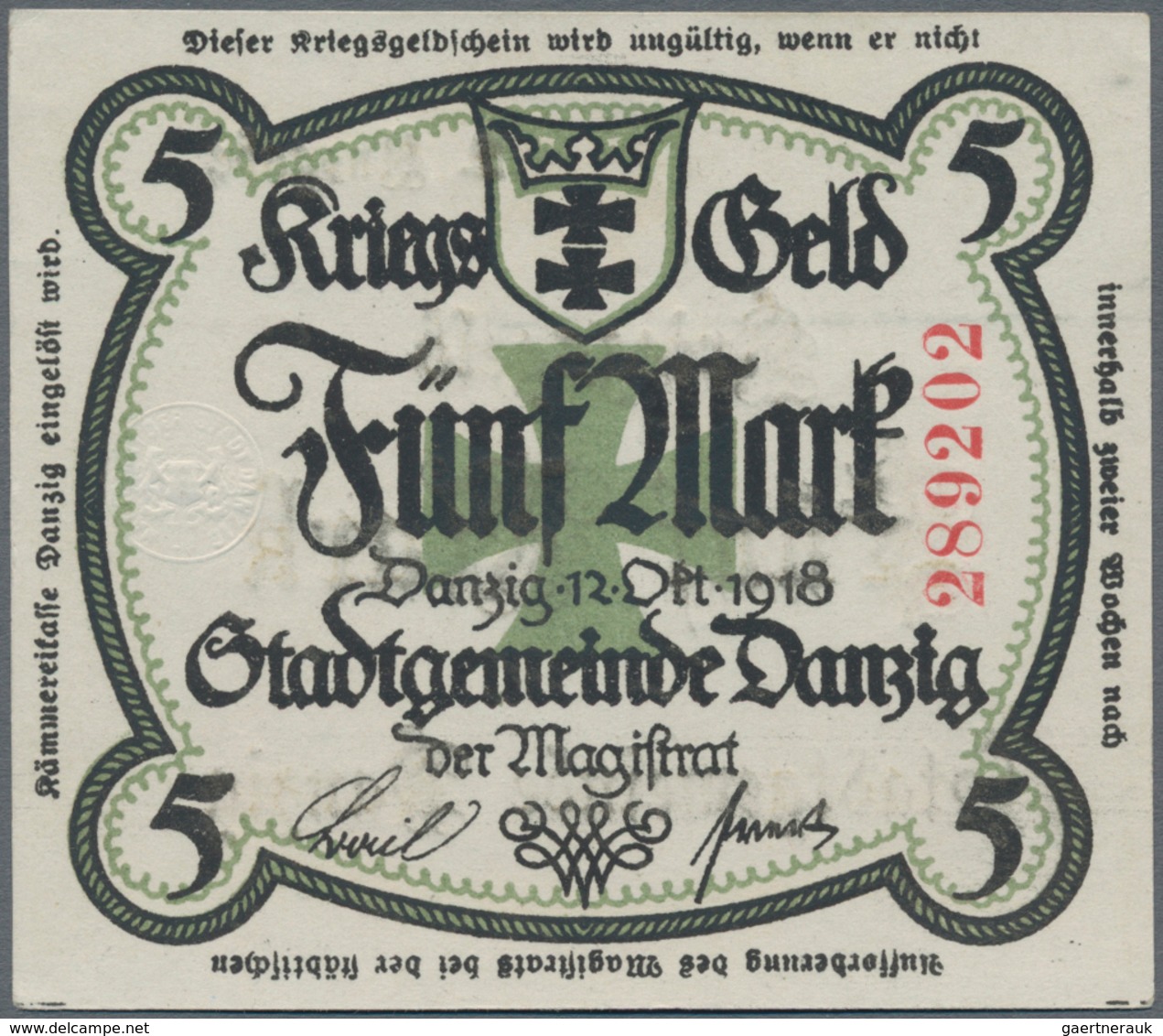 Deutschland - Nebengebiete Deutsches Reich: Kriegsgeld Der Stadtgemeinde Danzig Zu 5 Mark 1918, Ro.e - Sonstige & Ohne Zuordnung