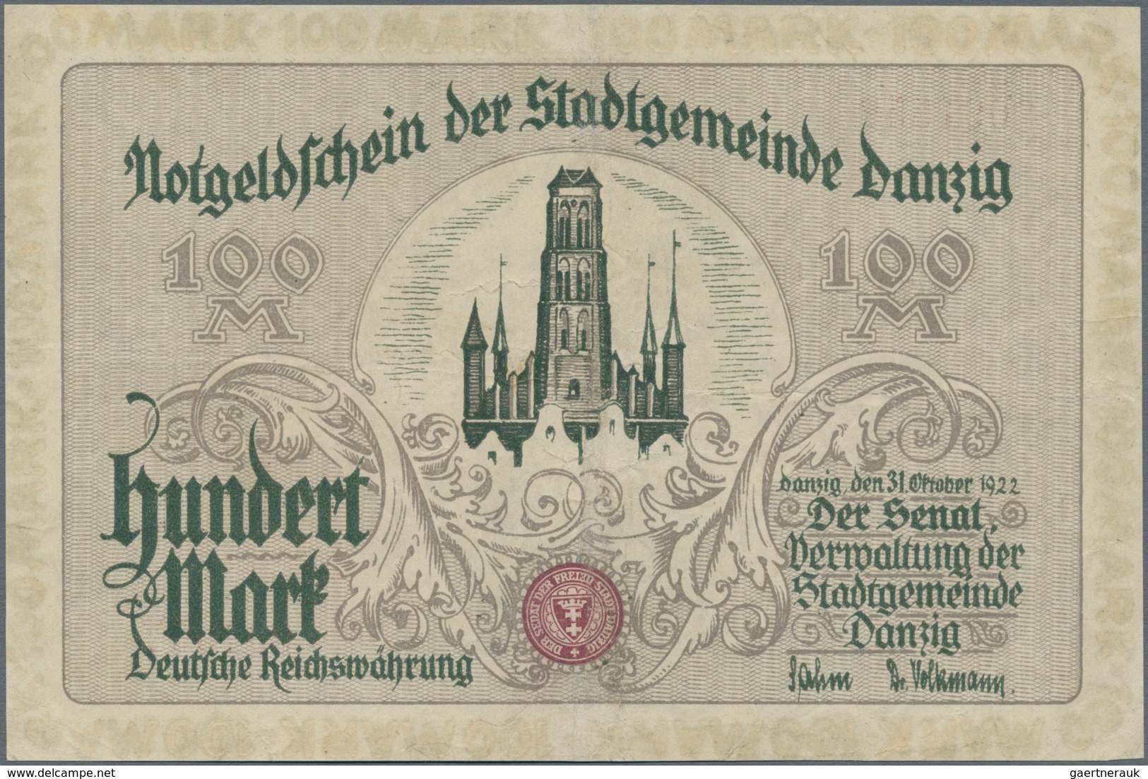 Deutschland - Nebengebiete Deutsches Reich: Stadtgemeinde Danzig 100 Mark 1922, Ro.792, Sehr Saubere - Other & Unclassified