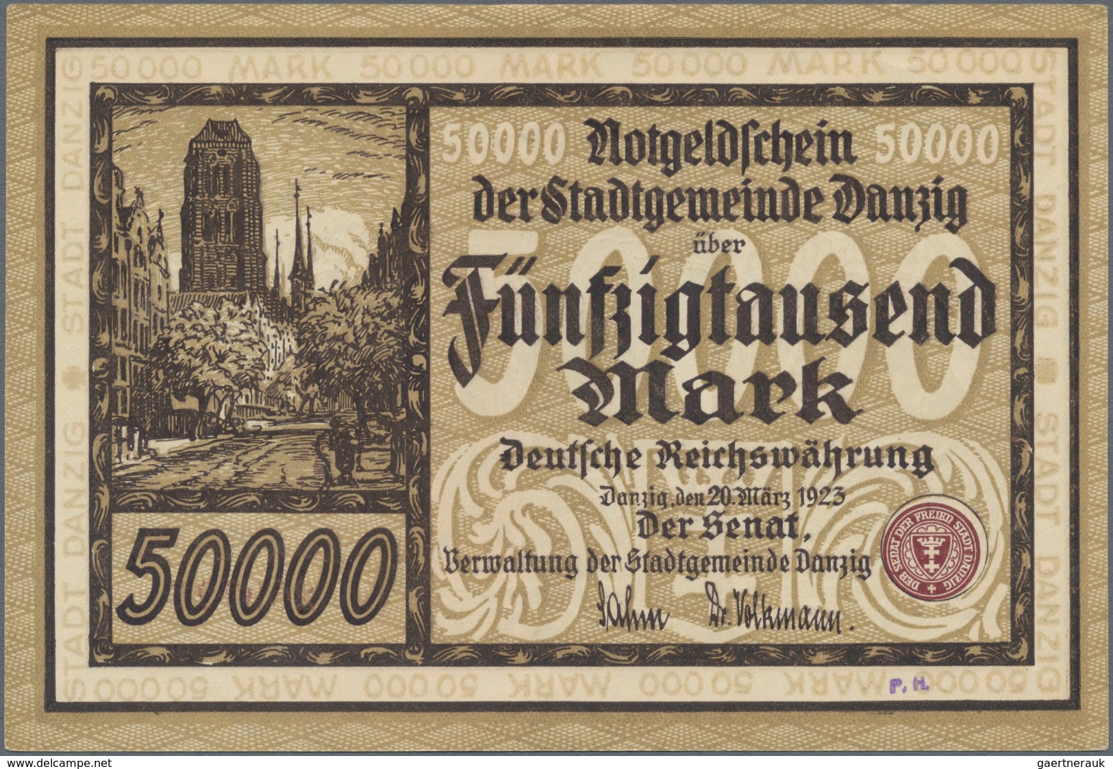 Deutschland - Nebengebiete Deutsches Reich: Stadtgemeinde Danzig 50.000 Mark 1923, Ro.798, Kassenfri - Sonstige & Ohne Zuordnung