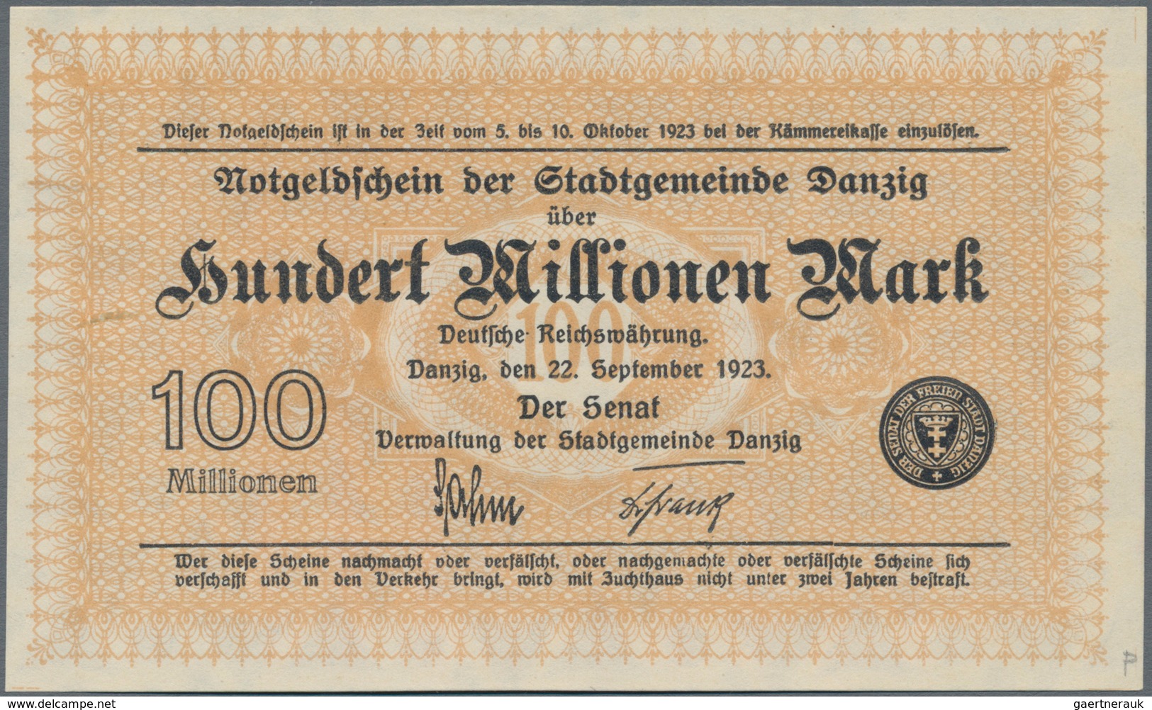 Deutschland - Nebengebiete Deutsches Reich: Stadtgemeinde Danzig 100 Millionen Mark 1923, Ro.806a, W - Other & Unclassified