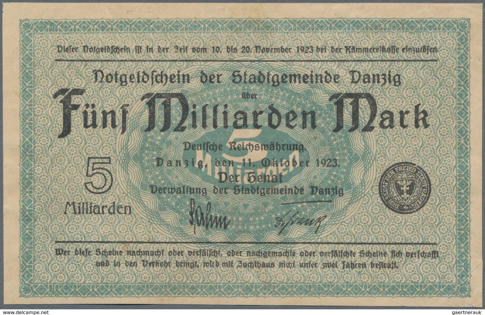 Deutschland - Nebengebiete Deutsches Reich: Stadtgemeinde Danzig 5 Milliarden Mark 1923, Ro.809a, Se - Autres & Non Classés