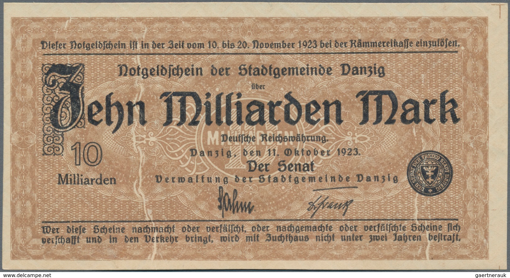 Deutschland - Nebengebiete Deutsches Reich: Stadtgemeinde Danzig 10 Milliarden Mark 1923, Ro.810a, S - Autres & Non Classés