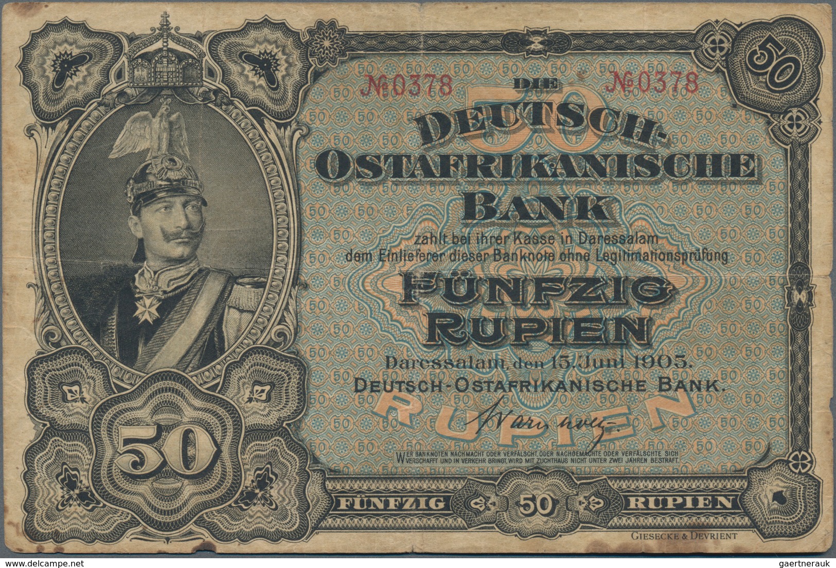 Deutschland - Kolonien: Deutsch-Ostafrikanische Bank 50 Rupien 1905 Mit Vierstelliger Roter KN N°037 - Autres & Non Classés