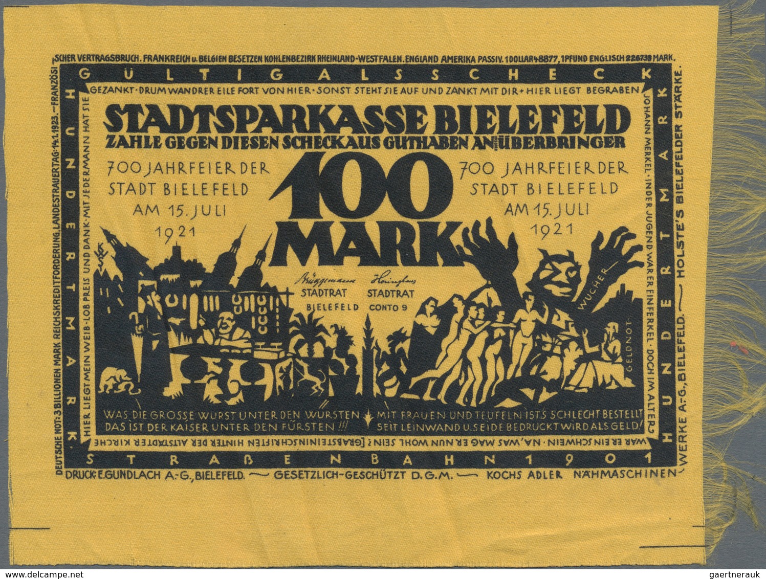 Deutschland - Notgeld Besonderer Art: Bielefeld, 100 Mark, 15.7.1921, Gelbe Seide, Umschrift "Franzö - Sonstige & Ohne Zuordnung