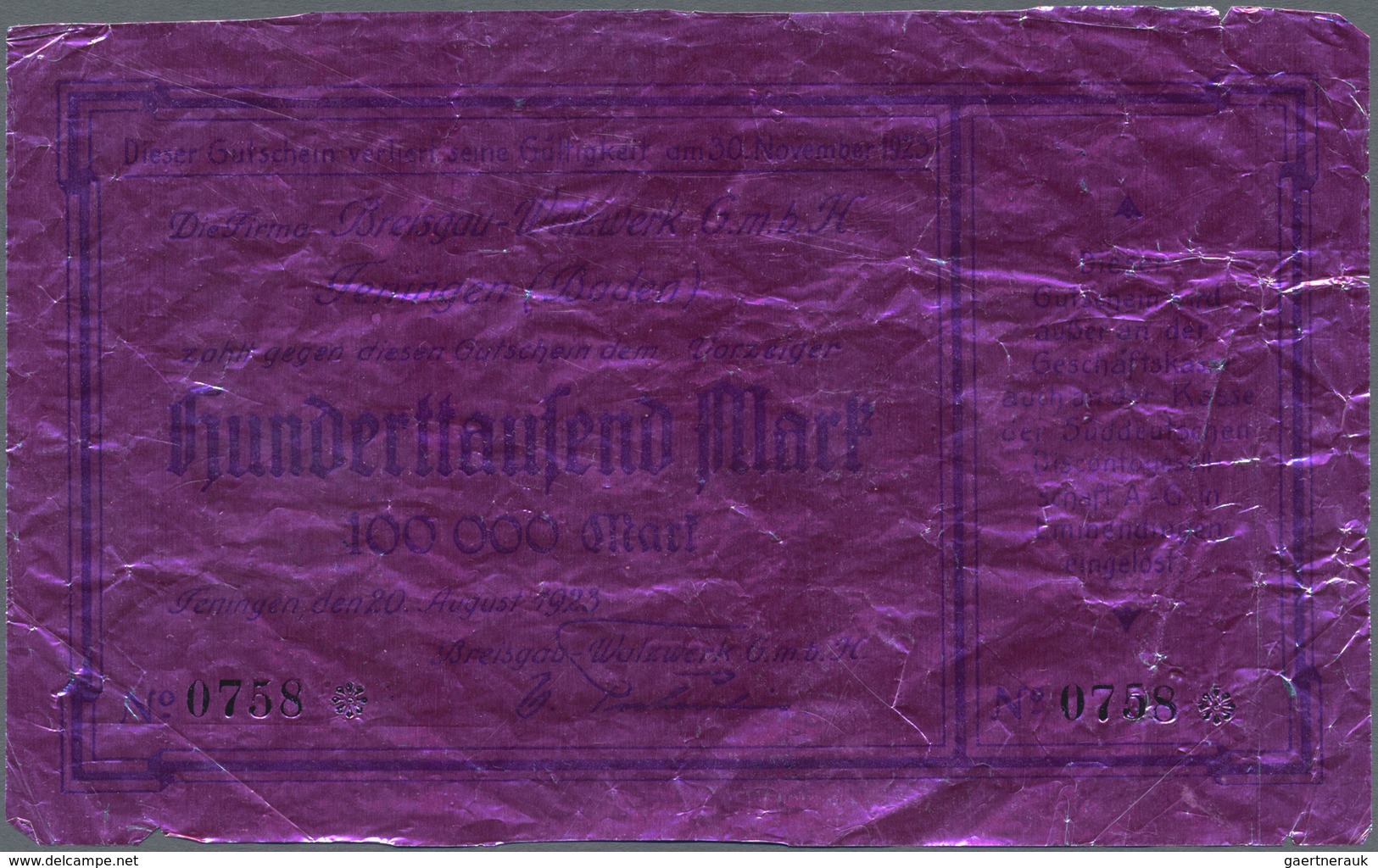 Deutschland - Notgeld Besonderer Art: Teningen, Breisgau-Walzwerk GmbH, 100, 500 Tsd. Mark, 20.8.192 - Sonstige & Ohne Zuordnung