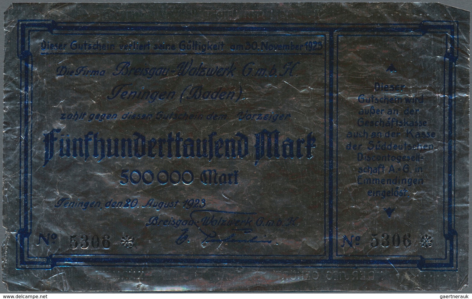 Deutschland - Notgeld Besonderer Art: Teningen, Breisgau-Walzwerk GmbH, 100, 500 Tsd. Mark, 20.8.192 - Sonstige & Ohne Zuordnung