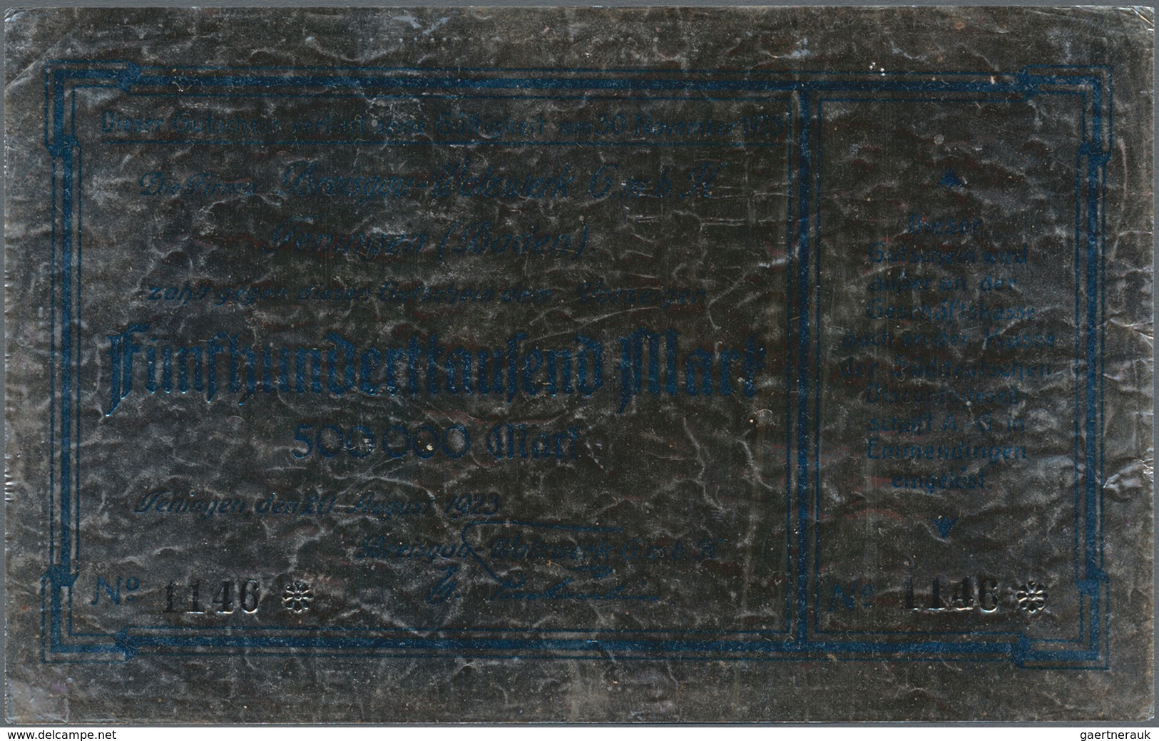 Deutschland - Notgeld Besonderer Art: Teningen, Breisgau-Walzwerk GmbH, 500 Tsd. Mark, 20.8.1923, Al - Sonstige & Ohne Zuordnung