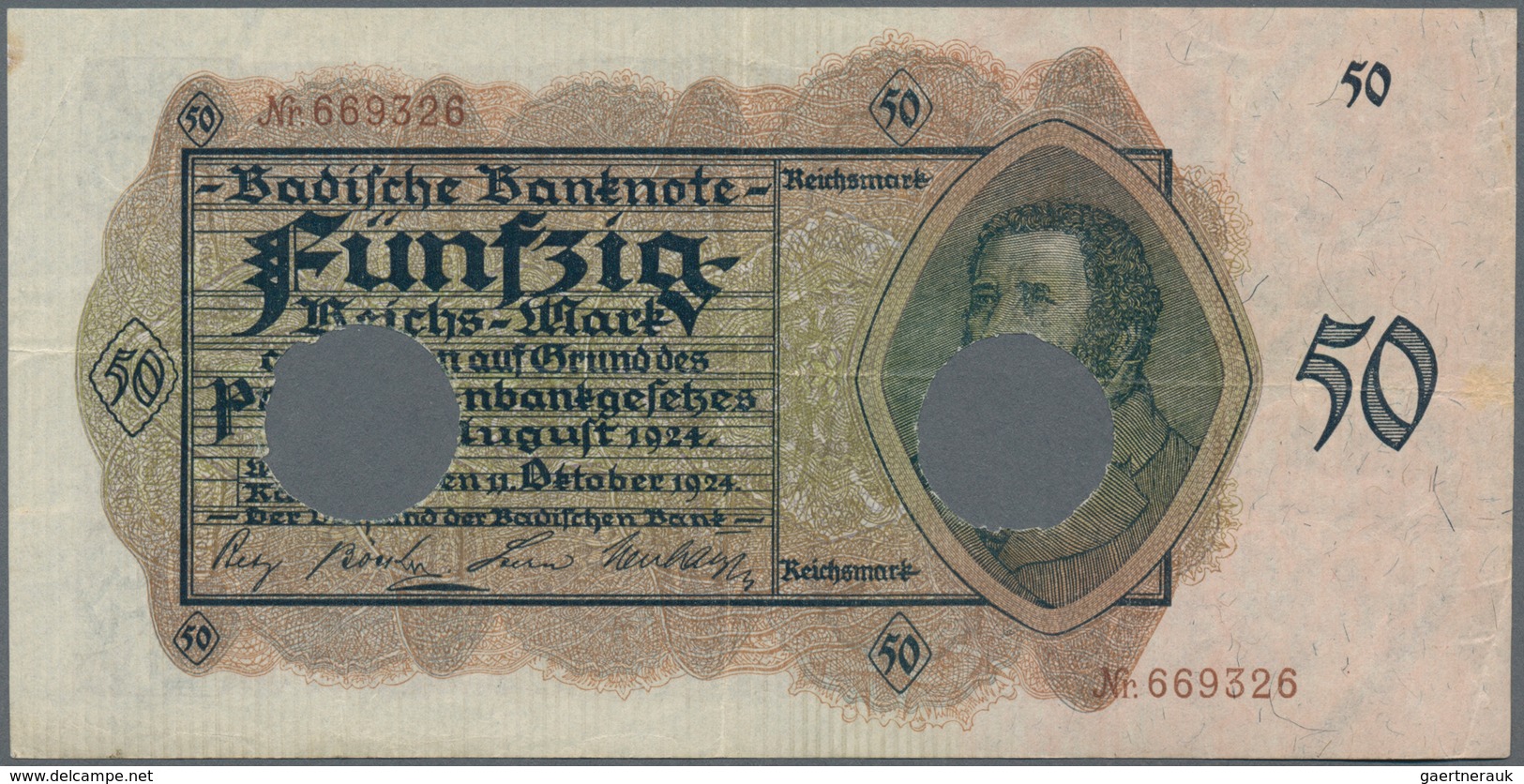 Deutschland - Länderscheine: Badische Bank 50 Reichsmark 1924, Ro.BAD14E2 Mit Großen Entwertungslöch - Autres & Non Classés