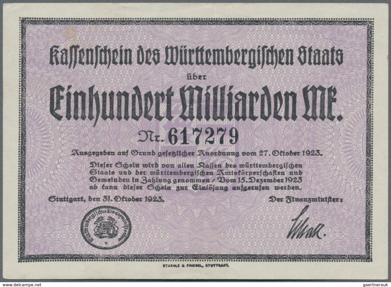 Deutschland - Länderscheine: Württemberg, Finanzminister, 100 Mrd. Mark, 31.10.1923, Ohne Serie Bzw. - Other & Unclassified