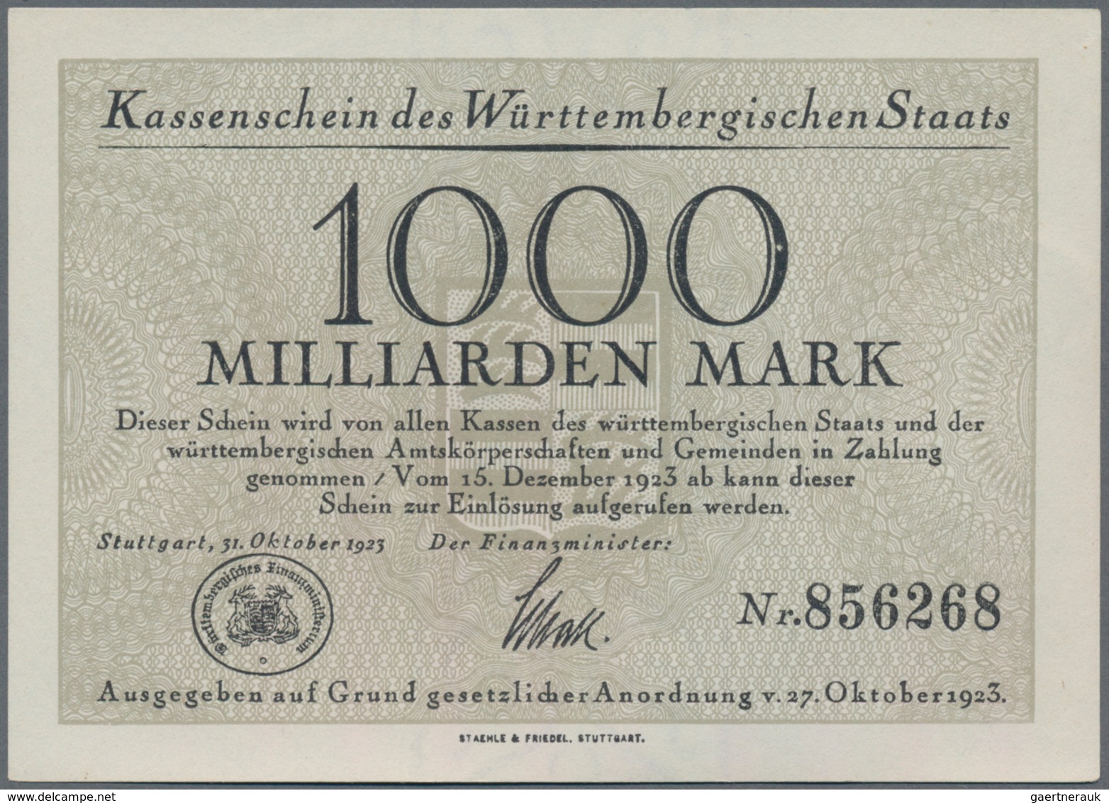 Deutschland - Länderscheine: Württemberg, Finanzminister, 100 Mrd. Mark, 31.10.1923, ohne Serie bzw.