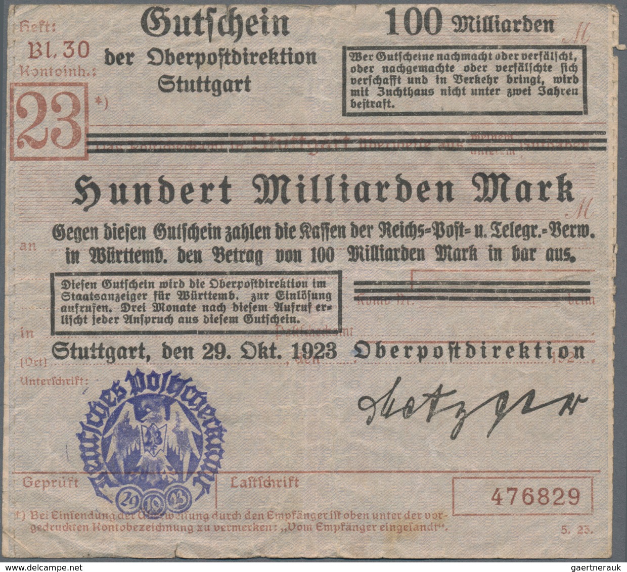 Deutschland - Reichsbahn / Reichspost: Stuttgart, Oberpostdirektion, 50 Mrd. Mark, 25.10.1923, 100 M - Other & Unclassified