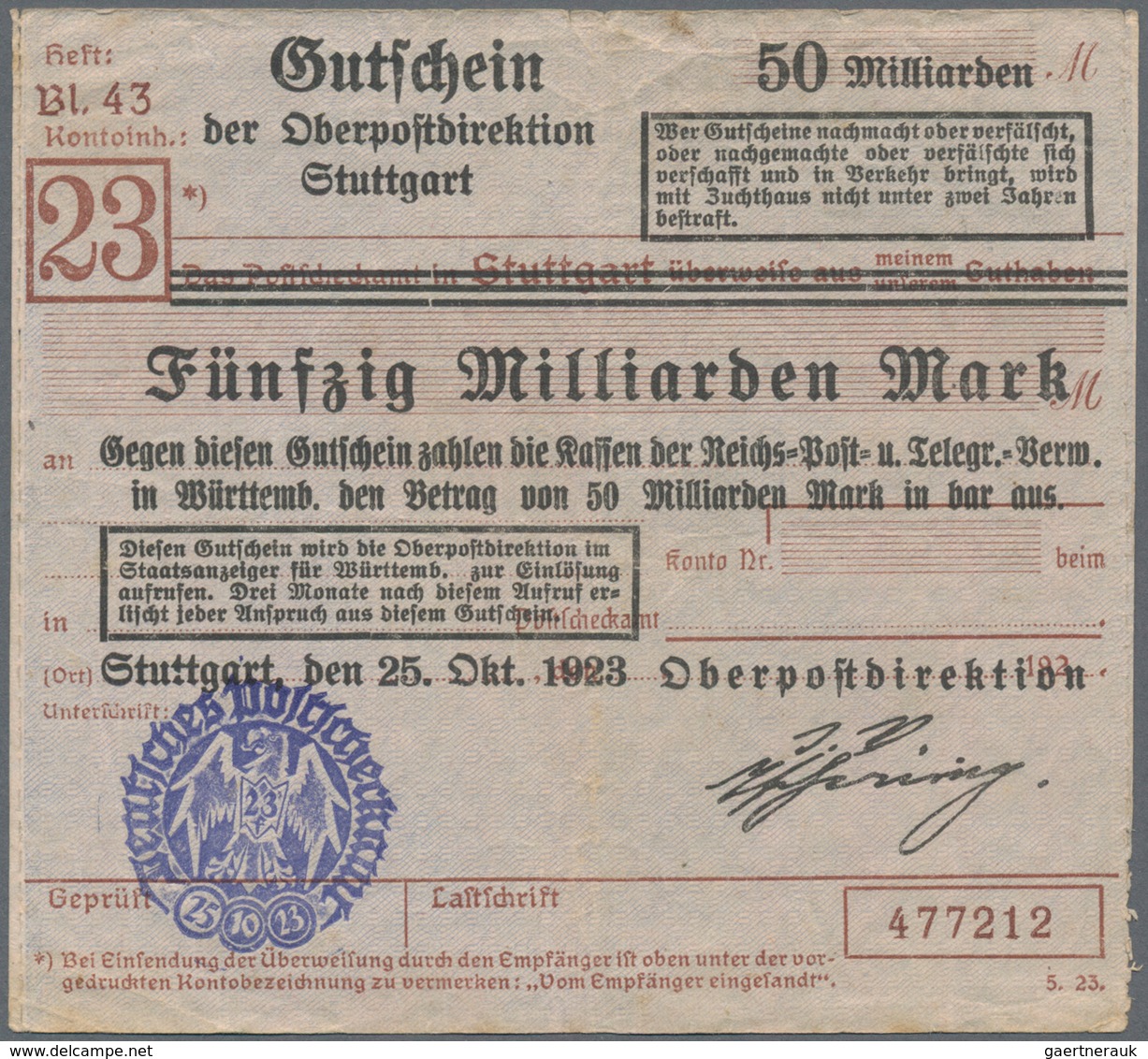 Deutschland - Reichsbahn / Reichspost: Stuttgart, Oberpostdirektion, 50 Mrd. Mark, 25.10.1923, 100 M - Autres & Non Classés