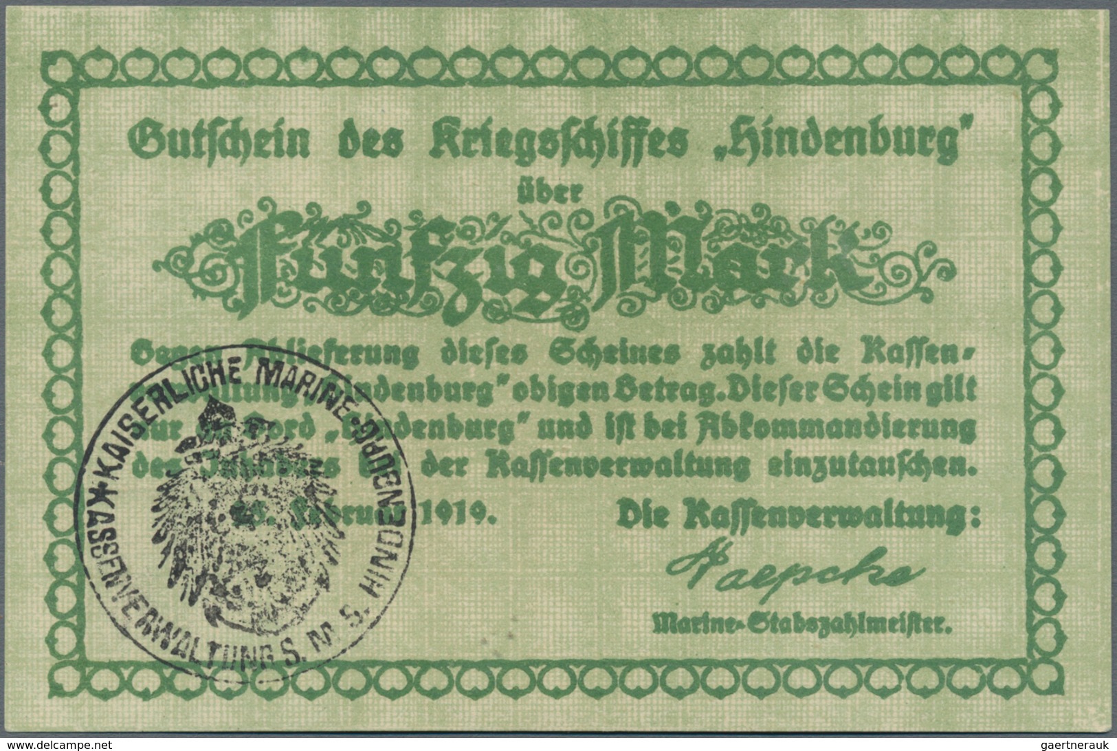 Deutschland - Notgeld: Kriegsschiff "Hindenburg", Kassenverwaltung, 50 Pf., 2x 1, 2x 5, 2x 20 und 50