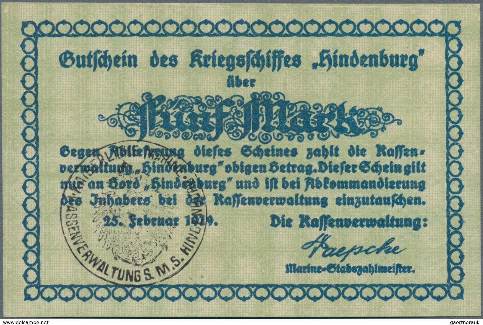 Deutschland - Notgeld: Kriegsschiff "Hindenburg", Kassenverwaltung, 50 Pf., 2x 1, 2x 5, 2x 20 und 50