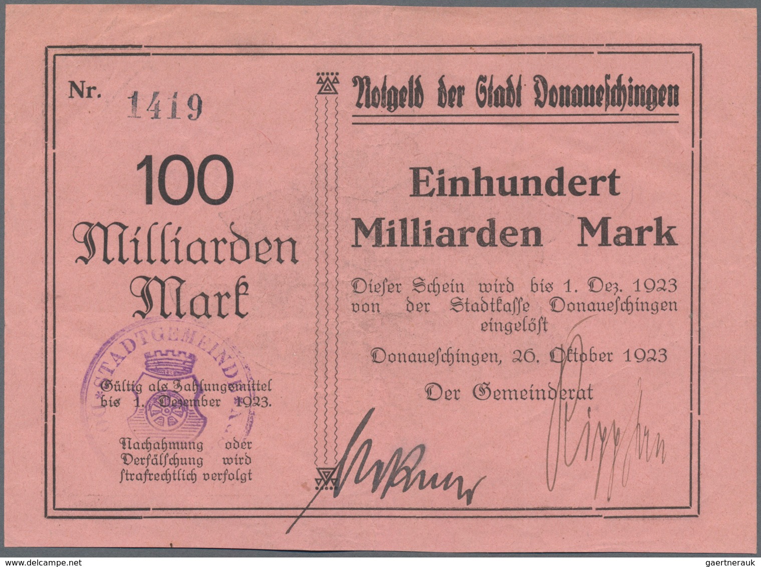 Deutschland - Notgeld - Baden: Donaueschingen, Stadt, 1, 5 (Papier rosa), 10, 20 (2, Druck schwarz b