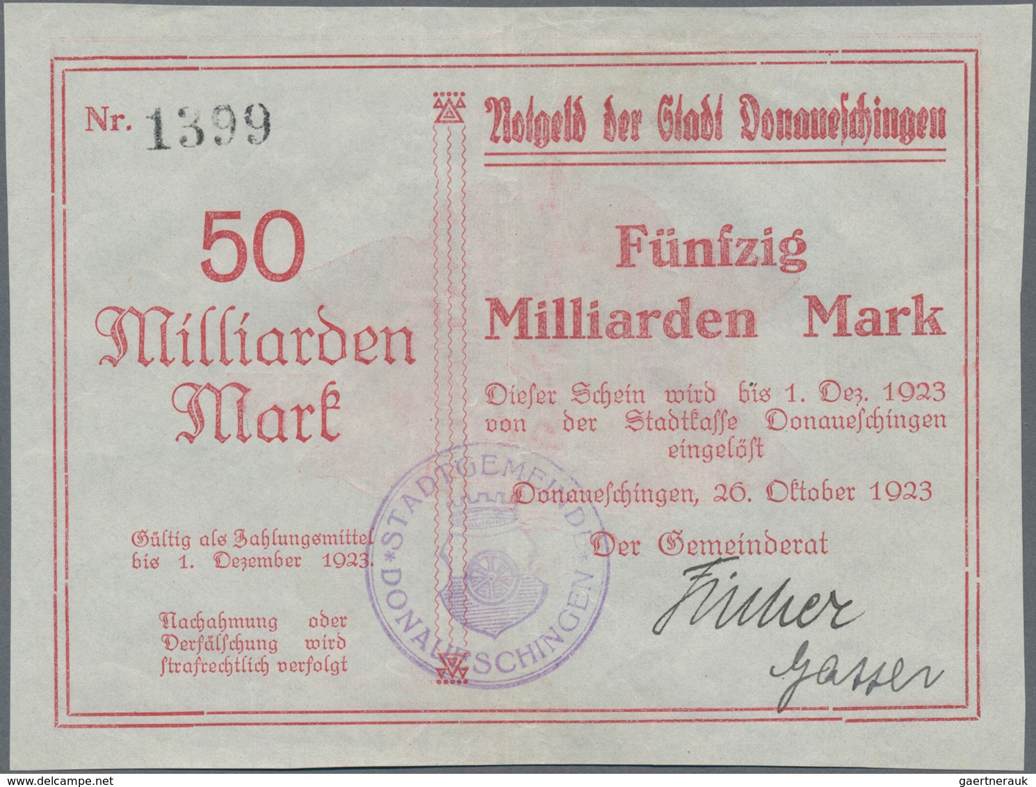 Deutschland - Notgeld - Baden: Donaueschingen, Stadt, 1, 5 (Papier rosa), 10, 20 (2, Druck schwarz b