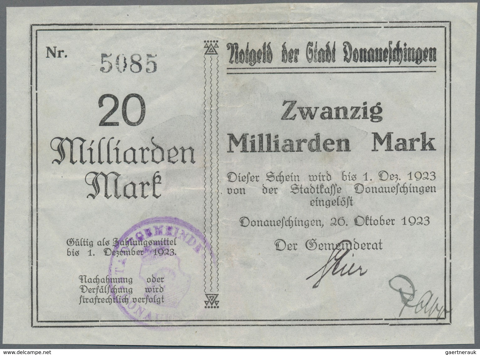 Deutschland - Notgeld - Baden: Donaueschingen, Stadt, 1, 5 (Papier rosa), 10, 20 (2, Druck schwarz b