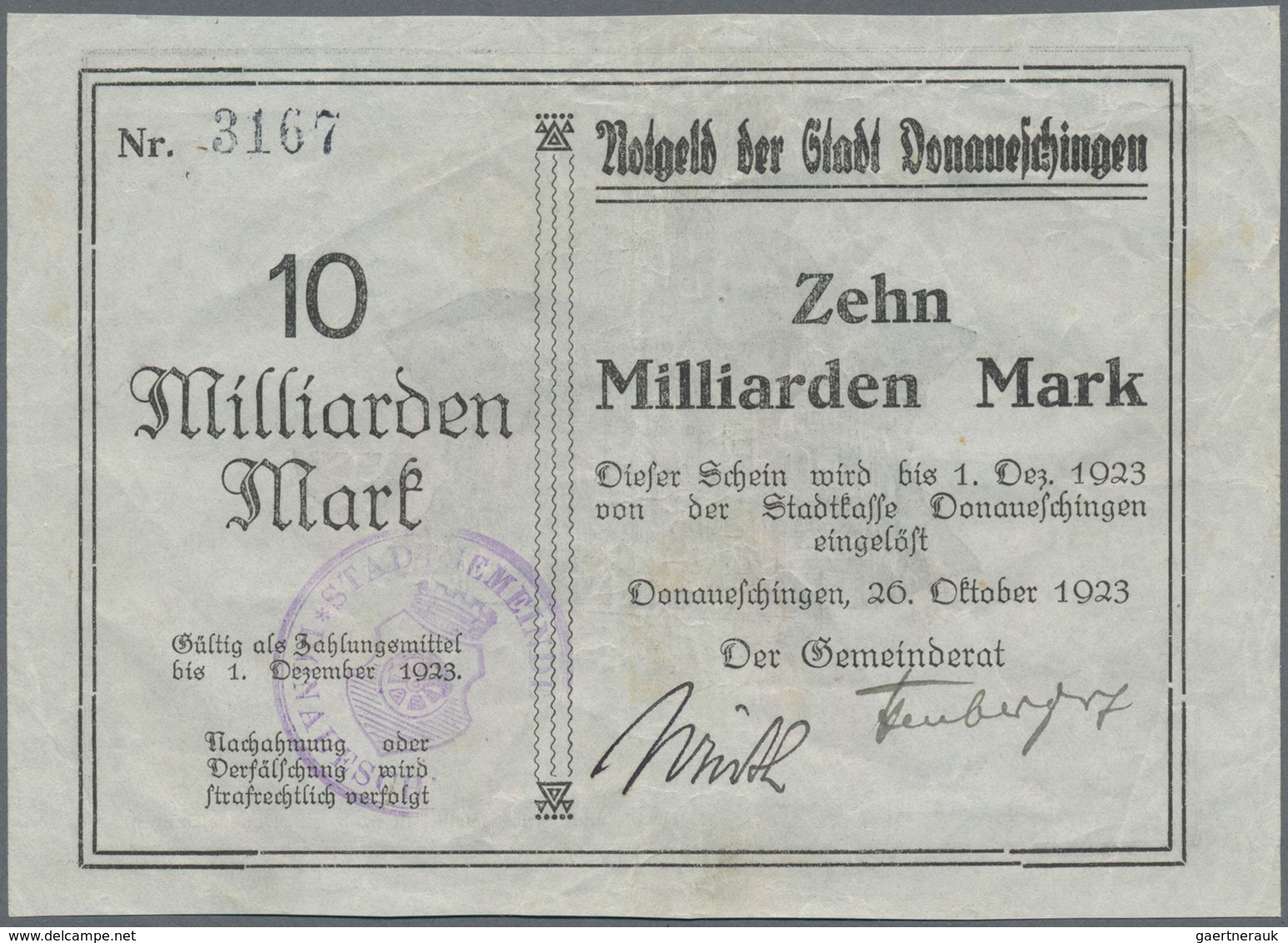 Deutschland - Notgeld - Baden: Donaueschingen, Stadt, 1, 5 (Papier rosa), 10, 20 (2, Druck schwarz b