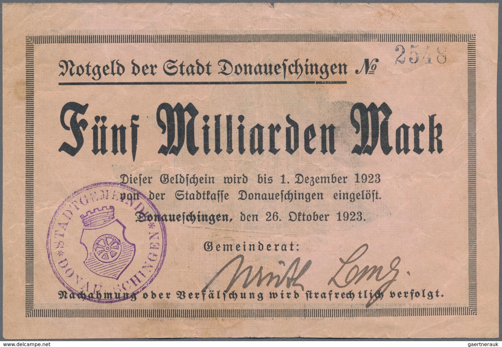 Deutschland - Notgeld - Baden: Donaueschingen, Stadt, 1, 5 (Papier rosa), 10, 20 (2, Druck schwarz b