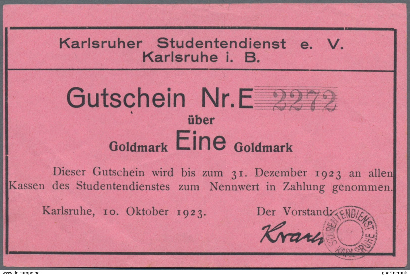 Deutschland - Notgeld - Baden: Karlsruhe, Karlsruher Studentendienst, 50 GPf., 1 GM, 10.10.1923, Erh - [11] Emissions Locales