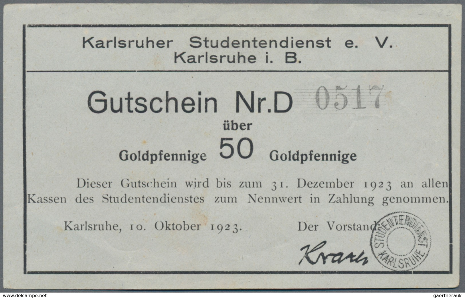 Deutschland - Notgeld - Baden: Karlsruhe, Karlsruher Studentendienst, 50 GPf., 1 GM, 10.10.1923, Erh - Lokale Ausgaben