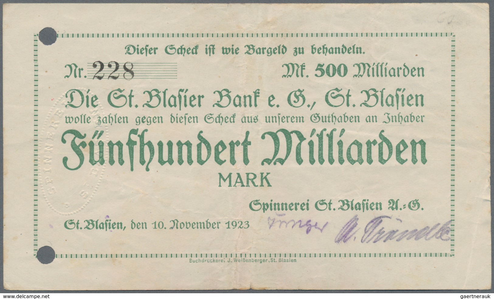 Deutschland - Notgeld - Baden: St. Blasien, Spinnerei St. Blasien A.G., 500 Mrd. Mark, 10.11.1923, 1 - Lokale Ausgaben