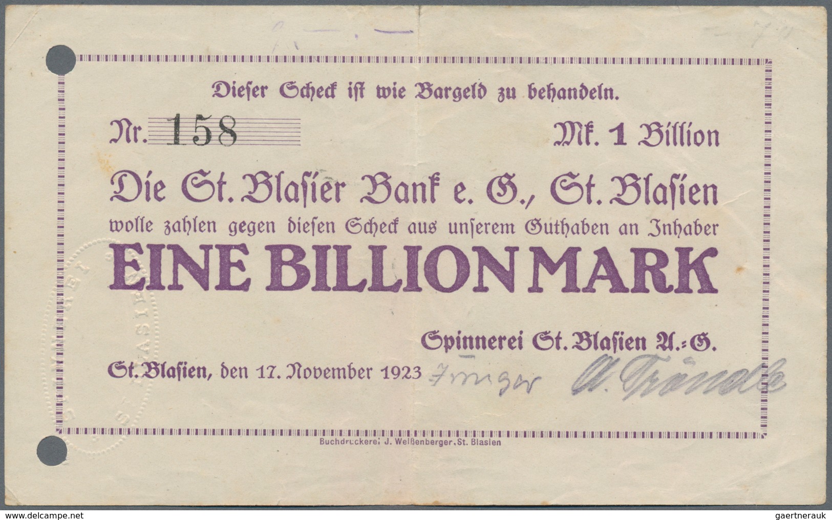 Deutschland - Notgeld - Baden: St. Blasien, Spinnerei St. Blasien A.G., 500 Mrd. Mark, 10.11.1923, 1 - [11] Emissions Locales