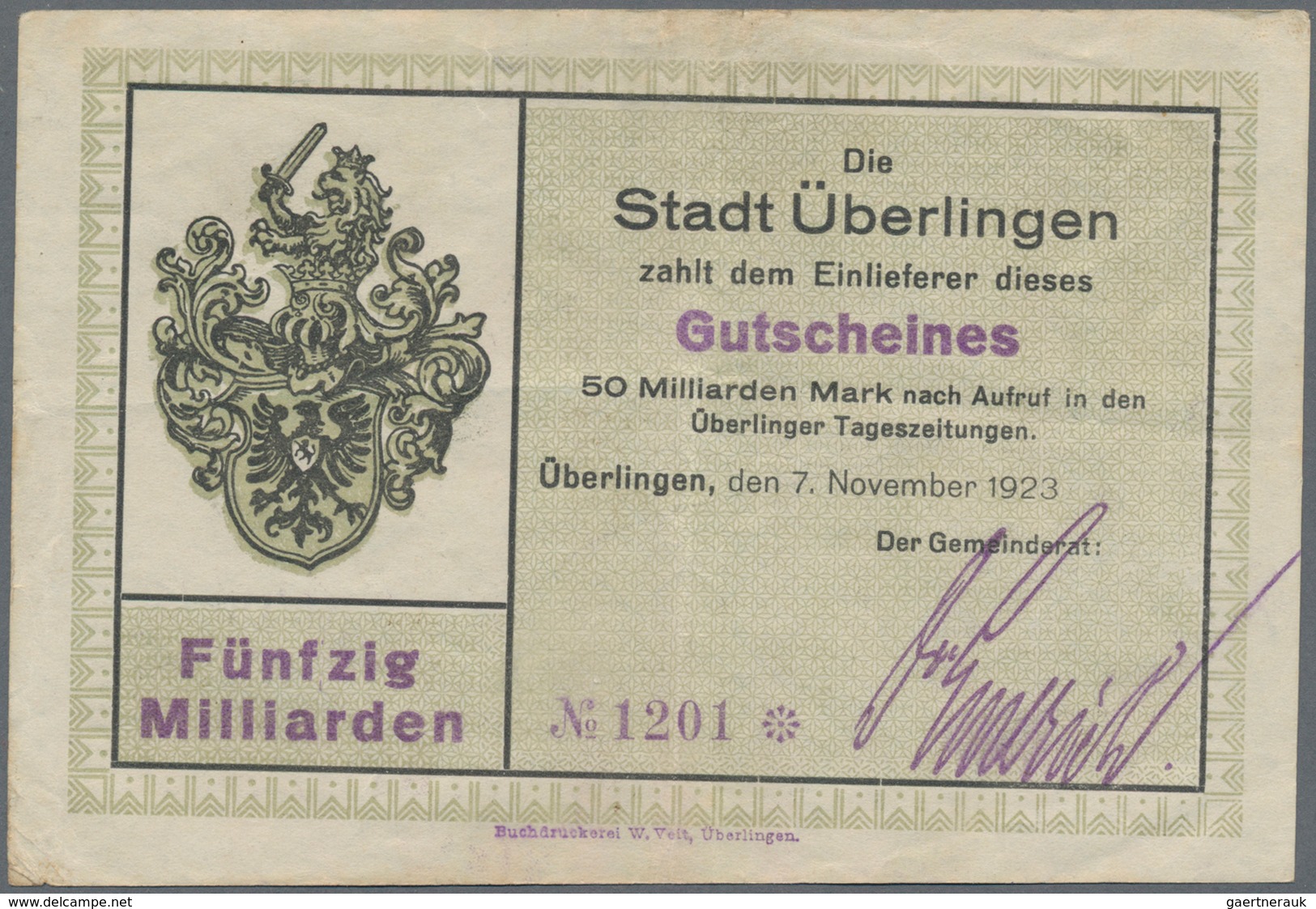 Deutschland - Notgeld - Baden: Überlingen, Stadt, 5 Tsd., 20 Tsd. Mark, 16.2.1923, mit Druckfirma un