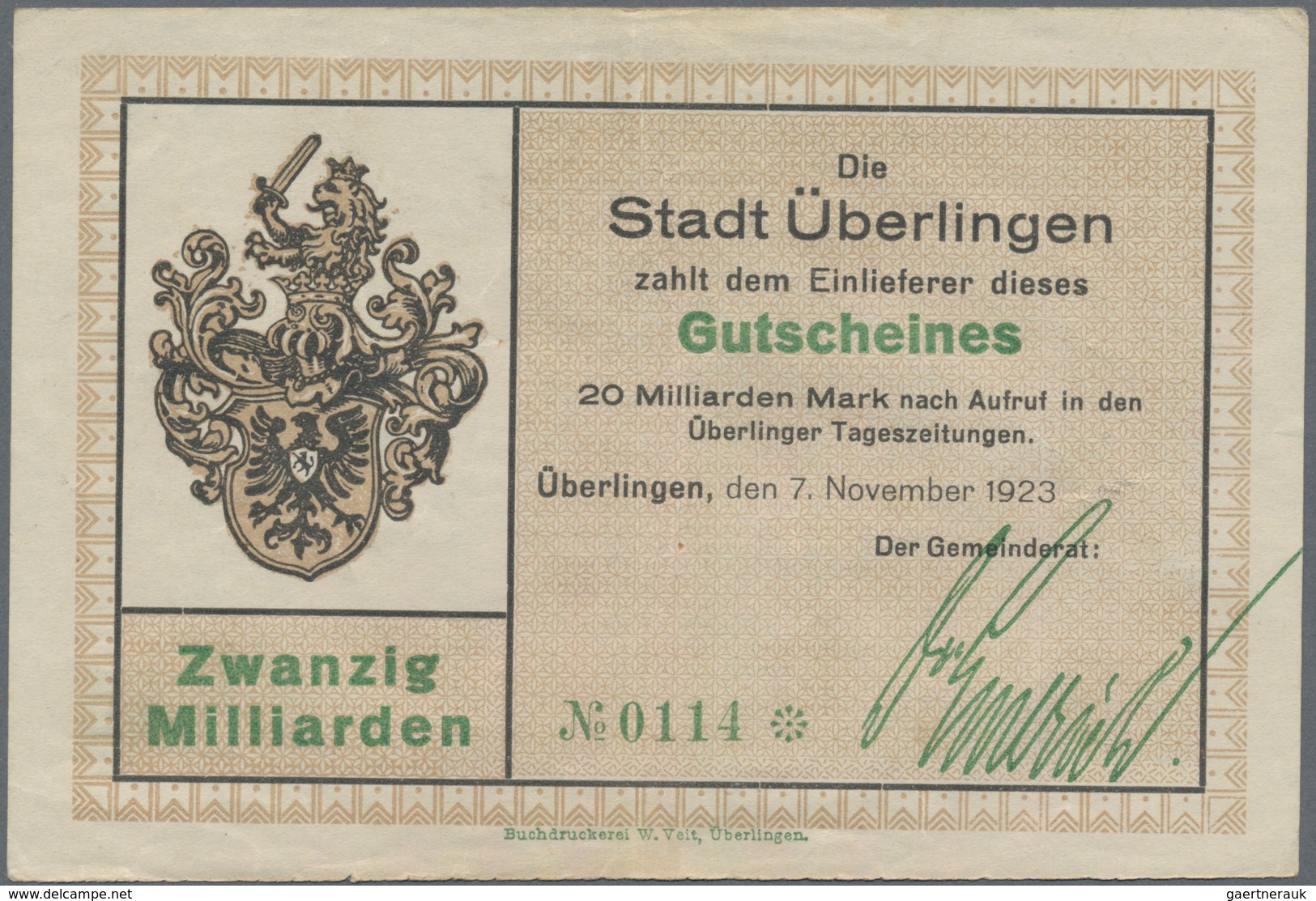 Deutschland - Notgeld - Baden: Überlingen, Stadt, 5 Tsd., 20 Tsd. Mark, 16.2.1923, mit Druckfirma un