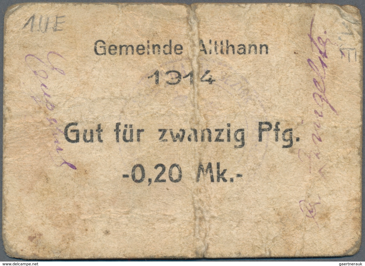 Deutschland - Notgeld - Elsass-Lothringen: Altthann, Oberelsass, Gemeinde, 20 Pf., 1914, Unentwertet - Other & Unclassified