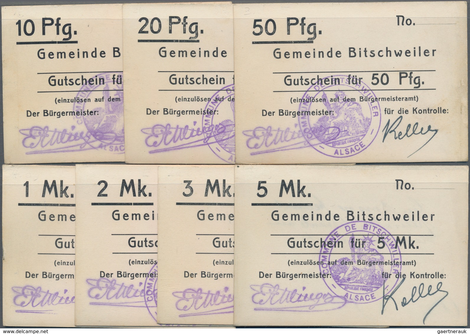 Deutschland - Notgeld - Elsass-Lothringen: Bitschweiler, Oberelsass, Gemeinde, 10, 20, 50 Pf., 1, 2, - Other & Unclassified