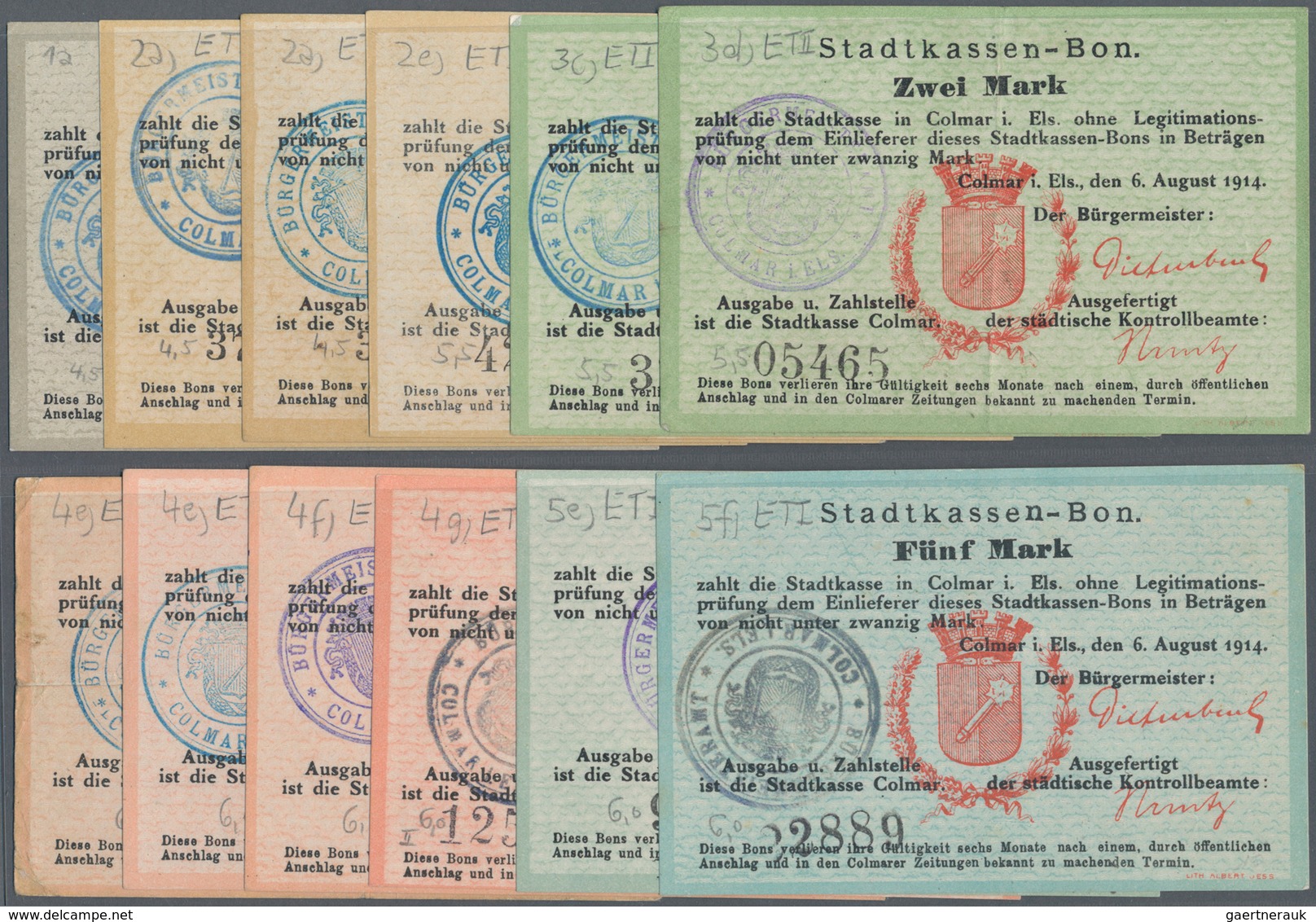 Deutschland - Notgeld - Elsass-Lothringen: Colmar, Oberelsass, Stadt, 1 X 50 Pf., 3 X 1, 2 X 2, 4 X - Sonstige & Ohne Zuordnung