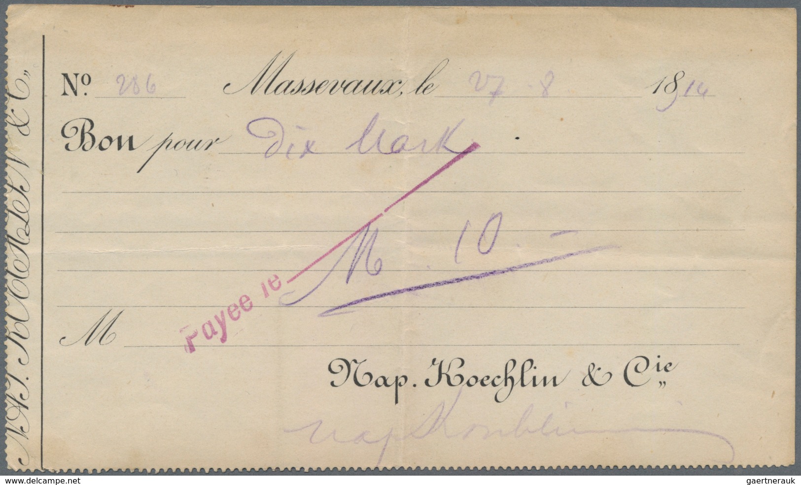 Deutschland - Notgeld - Elsass-Lothringen: Masmünster, Nap. Koechlin & Cie., 10 Mark, 27.8.1914, 28. - Sonstige & Ohne Zuordnung