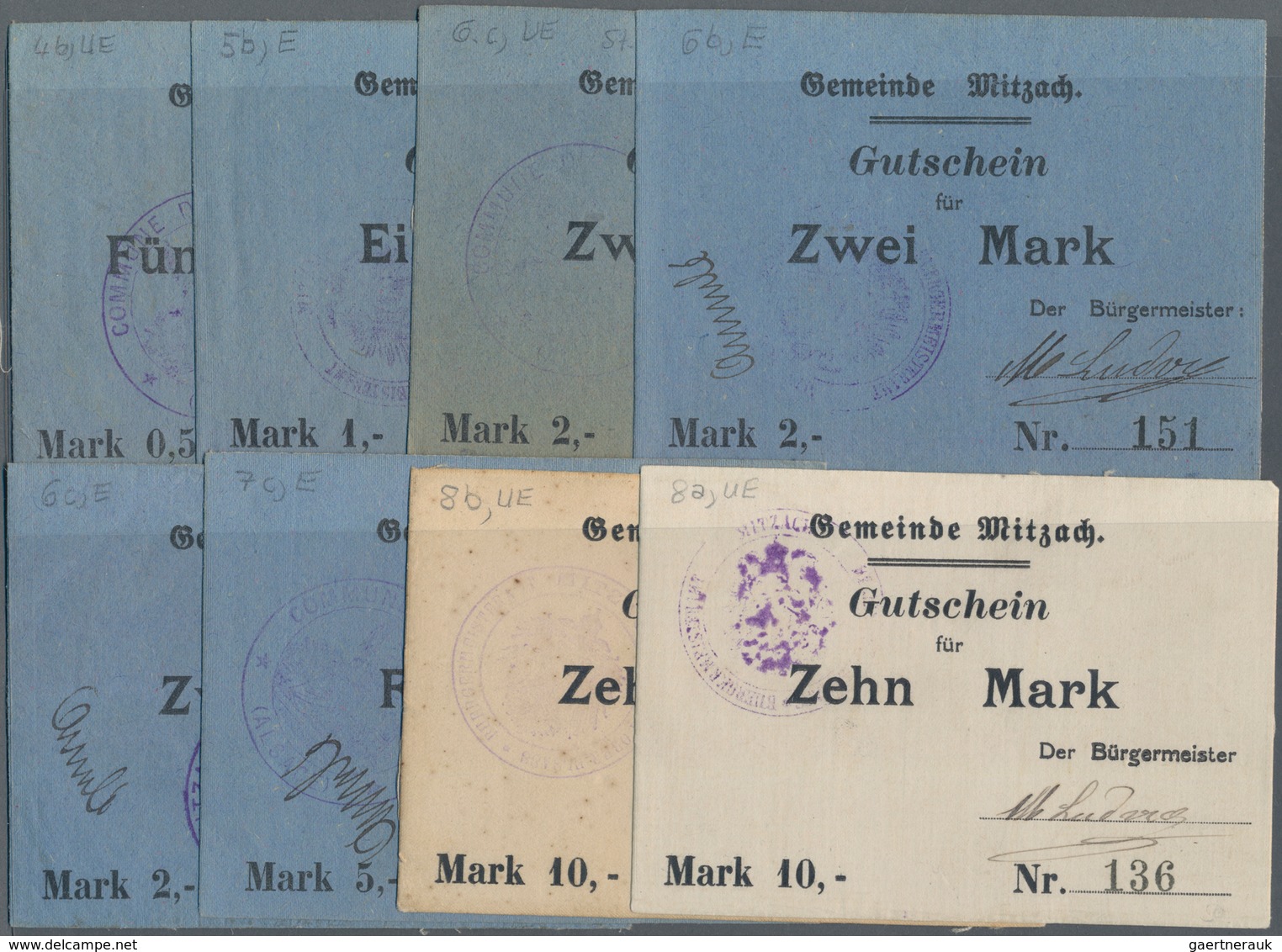 Deutschland - Notgeld - Elsass-Lothringen: Mitzach, Oberelsass, Gemeinde, 50 Pf., 1, 2 (3), 5, 10 (2 - Autres & Non Classés