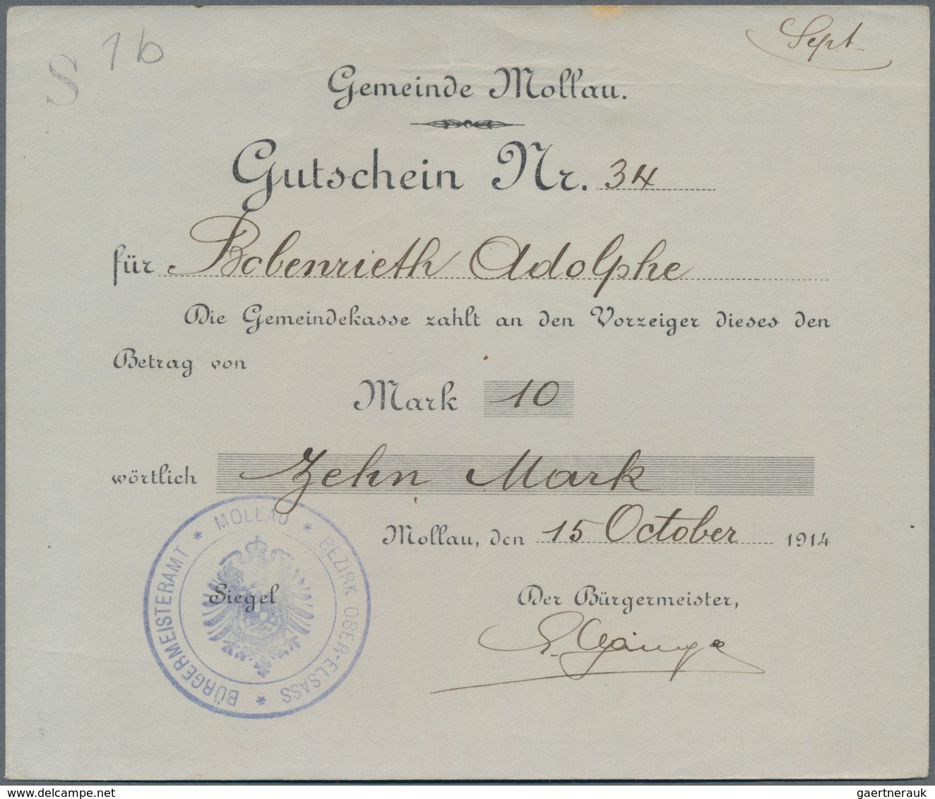 Deutschland - Notgeld - Elsass-Lothringen: Mollau, Oberelsass, Gemeinde, 10 Mark, 15.10.1914, Mit De - Sonstige & Ohne Zuordnung