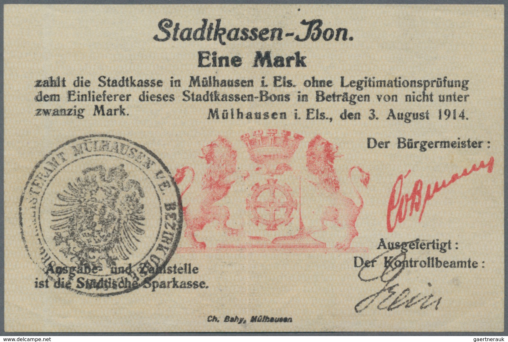 Deutschland - Notgeld - Elsass-Lothringen: Mülhausen, Oberelsass, Stadtkasse, 1 Mark, 3.8.1914, Stem - Other & Unclassified