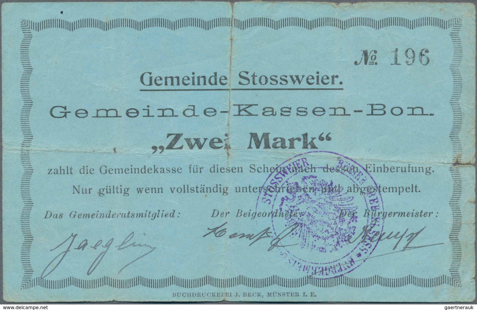 Deutschland - Notgeld - Elsass-Lothringen: Stossweier, Oberelsass, Gemeinde, 2 Mark, O. D. (11.8.191 - Other & Unclassified