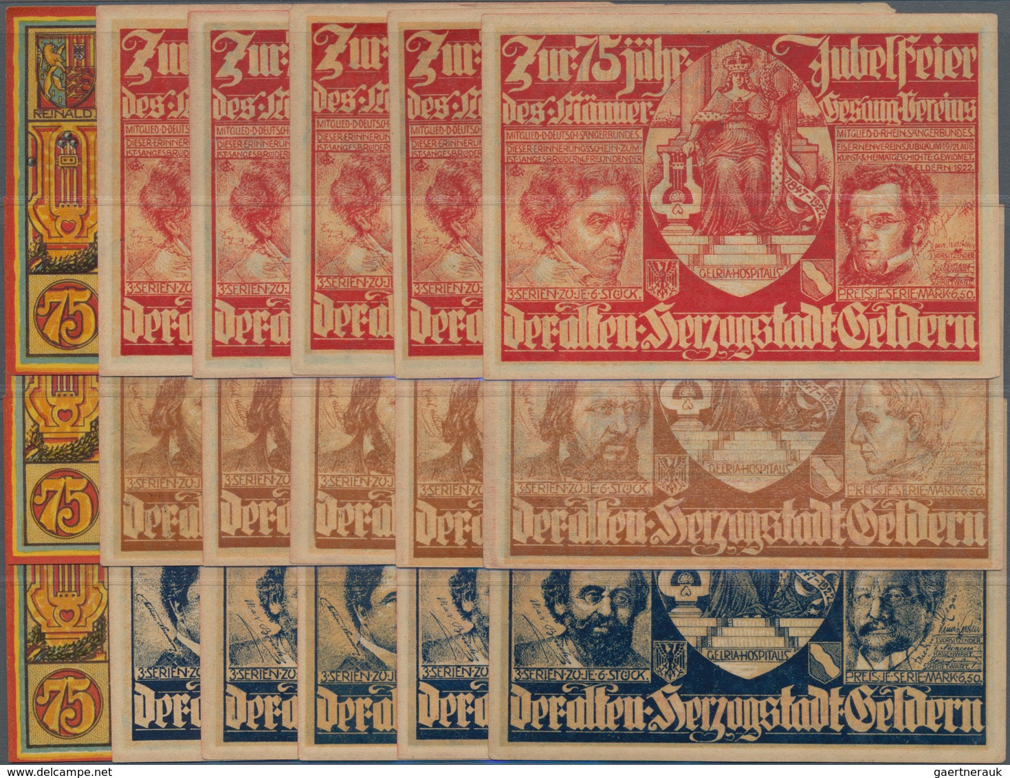 Deutschland - Notgeld - Rheinland: Geldern, Männergesangverein, Je 6 X 75 Pf., 19.-21.8.1922, Serien - Lokale Ausgaben