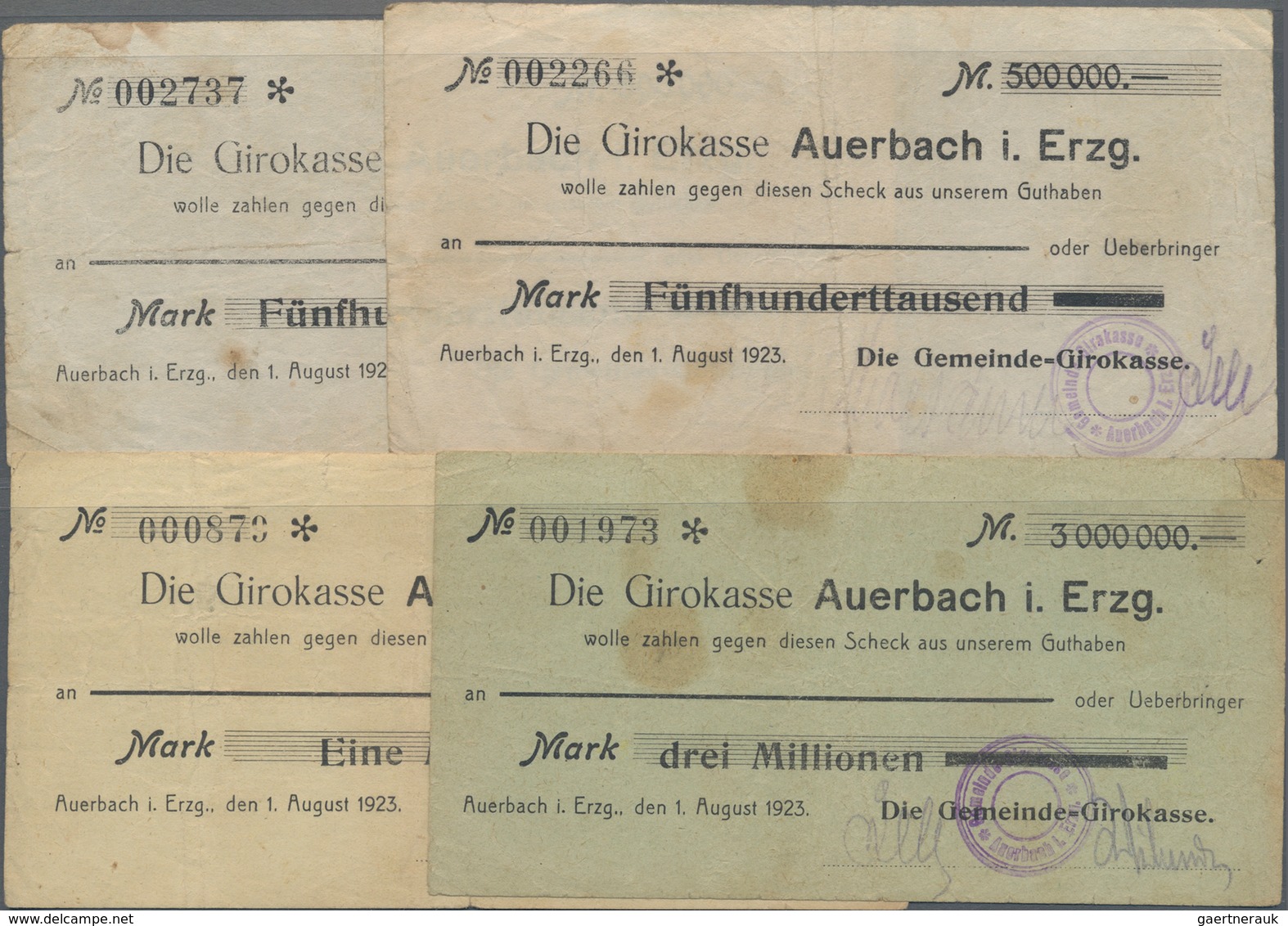 Deutschland - Notgeld - Sachsen: Auerbach I. Erzgeb., Gemeinde-Girokasse, 500 Tsd. (2), 1, 3 Mio. Ma - [11] Local Banknote Issues