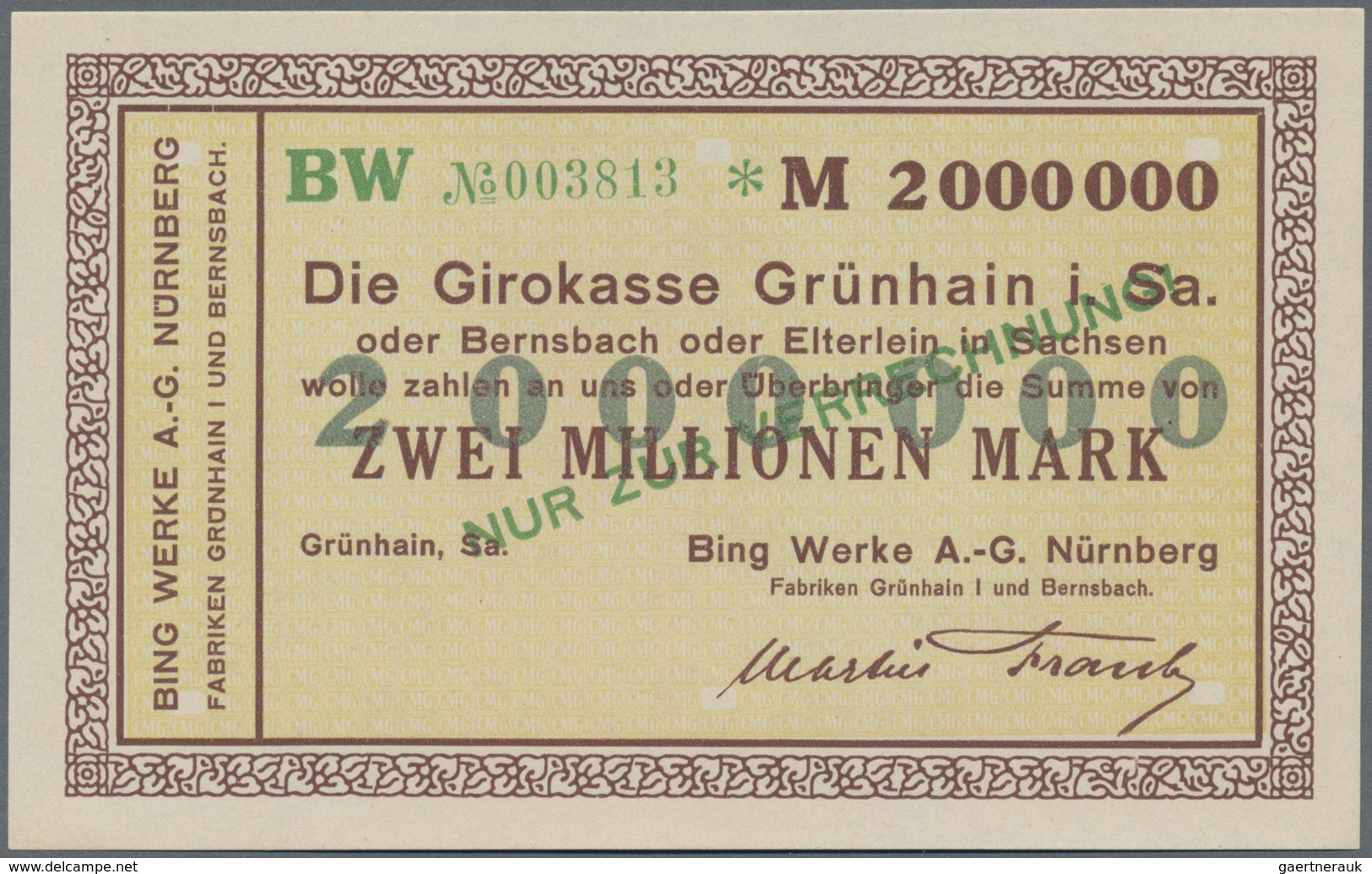 Deutschland - Notgeld - Sachsen: Grünhain, Bing Werke AG, Nürnberg, 2000 Mark, O. D.; 100 (5), 200 ( - Lokale Ausgaben