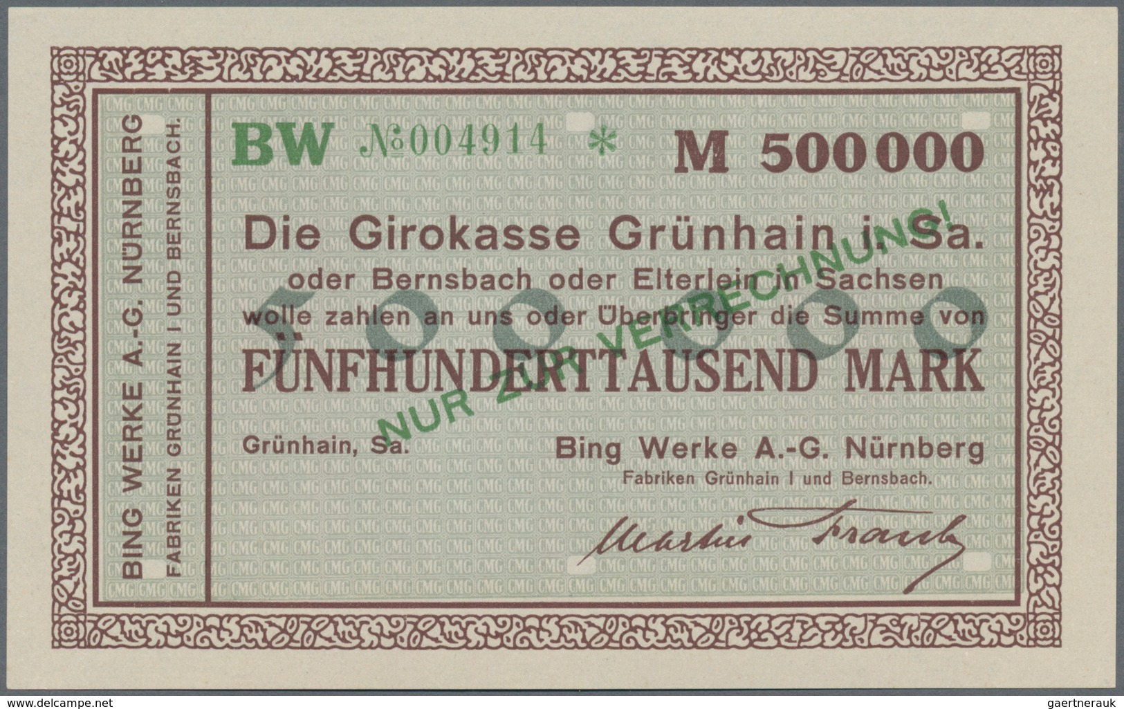 Deutschland - Notgeld - Sachsen: Grünhain, Bing Werke AG, Nürnberg, 2000 Mark, O. D.; 100 (5), 200 ( - Lokale Ausgaben