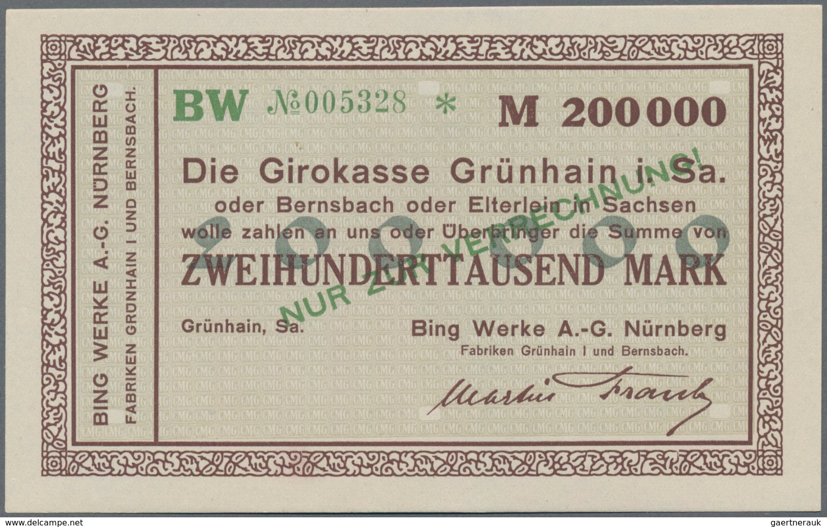 Deutschland - Notgeld - Sachsen: Grünhain, Bing Werke AG, Nürnberg, 2000 Mark, o. D.; 100 (5), 200 (